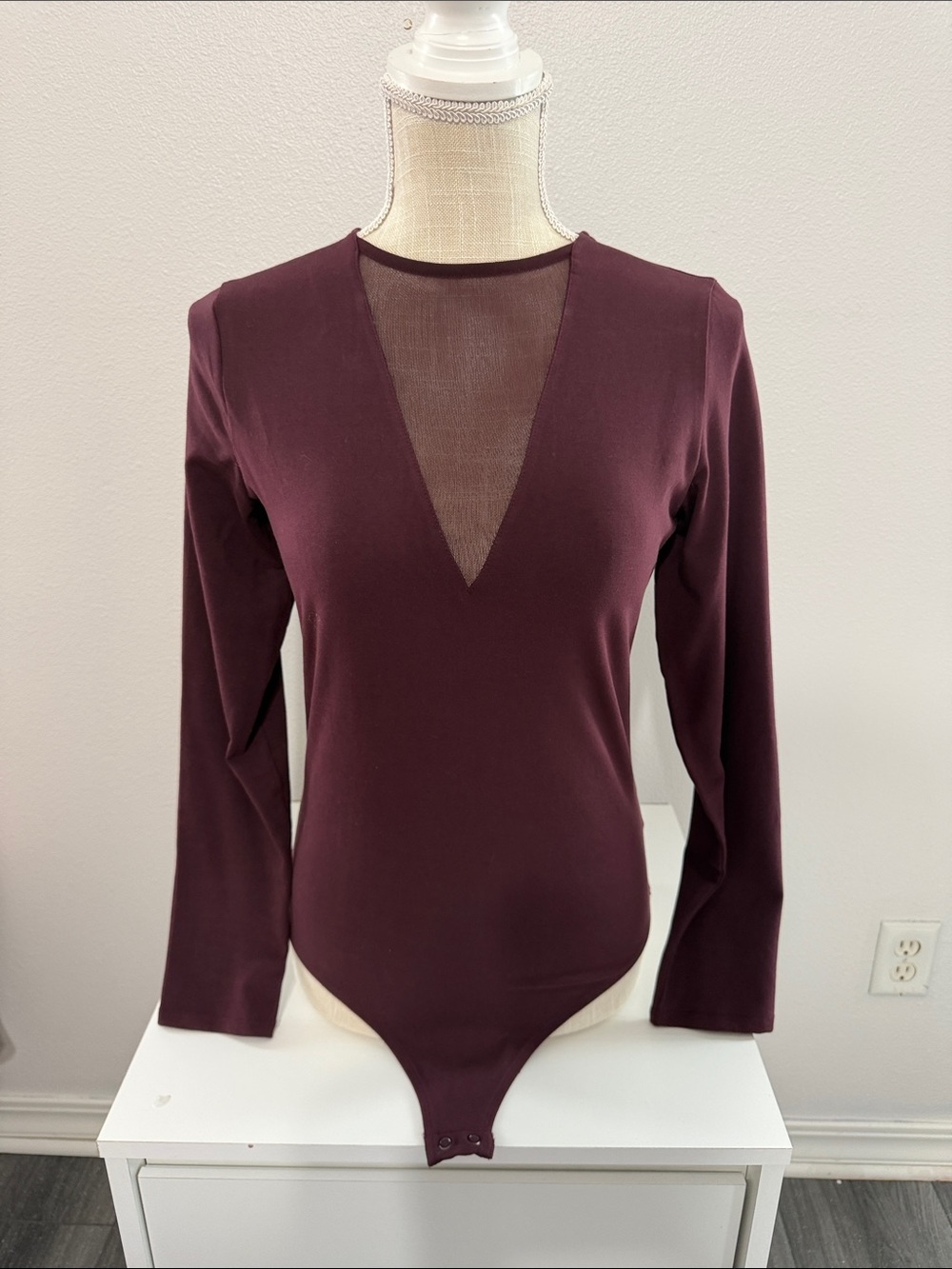 Express Plum Long Sleeve Mesh V-Neck Bodysuit